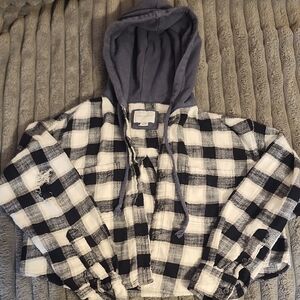 American Eagle Outfitters Plaid Jean Jacket with Hood